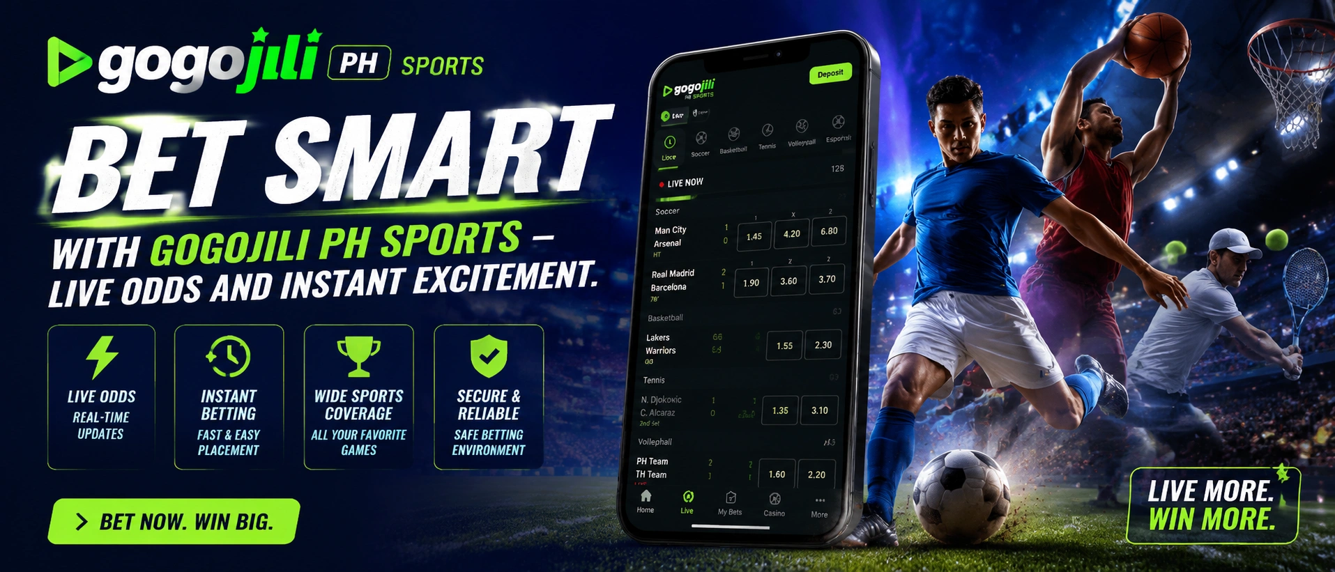 GOGOJILI sports banner with a dark premium layout